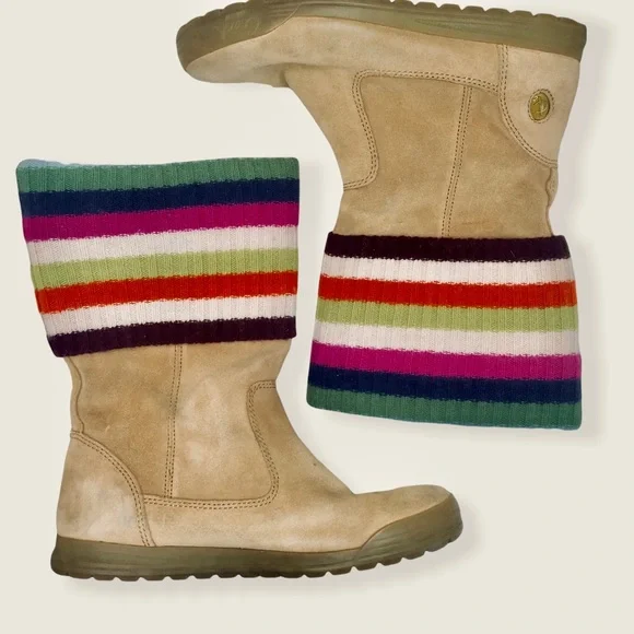 Coach Suede Leather Boots Tatum Multi Color Stripes Wool Cuff Womens 6.5 - Picture 4 of 8